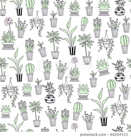 Template. Seamless pattern of indoor plants in pots on a white background. Flowers, tulips, cactus and seedlings in geometric vases. The concept of home, garden, interior and design. Vector 68204523