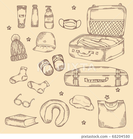 Travel stuff. Various suitcases, outdoor and indoor, cosmetics, clothes. Travel and Vacation. Hand drawn vector set, strokes, vintage. All elements are isolated. 68204580