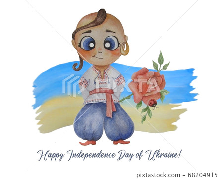 A funny Ukrainian boy is a real Cossack with an earring in his ear and a rose against the background of a yellow-blue flag. Congratulations Happy Independence Day of Ukraine In English. Watercolor A funny Ukrainian boy is a real Cossack with an earring in his ear and a rose against the background of a yellow-blue flag. Congratulations Happy Independence Day of Ukraine In English. Watercolor 68204915