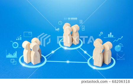 Three groups of people are connected by lines. Coordination and knowledge sharing. Outsourcing. Business model of autonomous groups. Self-organization structure innovation. High company team autonomy Three groups of people are connected by lines. Coordination and knowledge sharing. Outsourcing. Business model of autonomous groups. Self-organization structure innovation. High company team autonomy 68206318