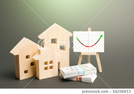 Figures of residential buildings and an easel with real estate market recovery trend chart. Value and cost. Increased interest and demand for housing after price reduction. Investment revitalization 68206653