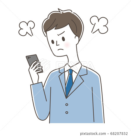 一個穿著西裝的男人生氣看著智能手機 68207832