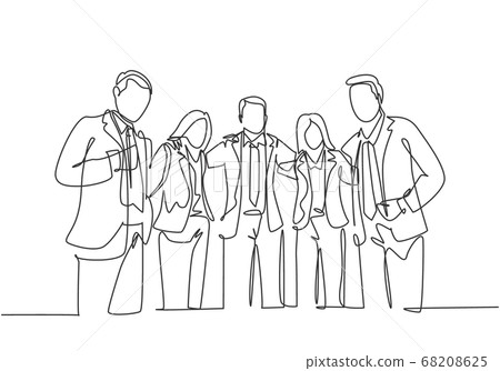 One continuous line drawing of young male and female business people from multi ethnic standing together and posing elegantly 68208625