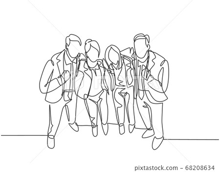 One continuous line drawing of young happy male and female employees standing together and posing to hug each other at office 68208634