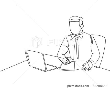 One single line drawing of young serious businessman staring at laptop and writing business notes to the team member at office 68208638
