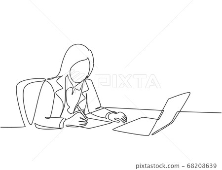 One continuous line drawing of young  serious female employee writing business draft on her work desk at the office 68208639