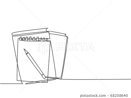 Single continuous line drawing of notebook or notepad with a pencil above work desk 68208640