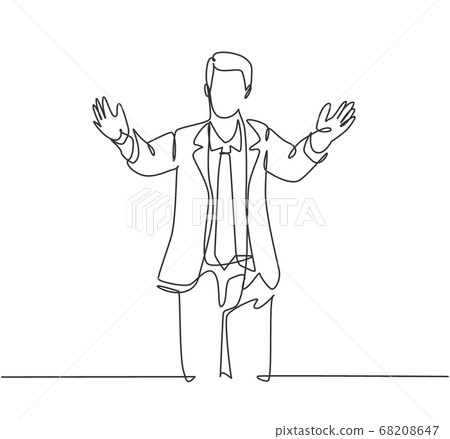 Single continuous line drawing of happy young male worker give supporting hug gesture to his office friend. Welcoming friend support concept Single continuous line drawing of happy young male worker give supporting hug gesture to his office friend. Welcoming friend support concept 68208647
