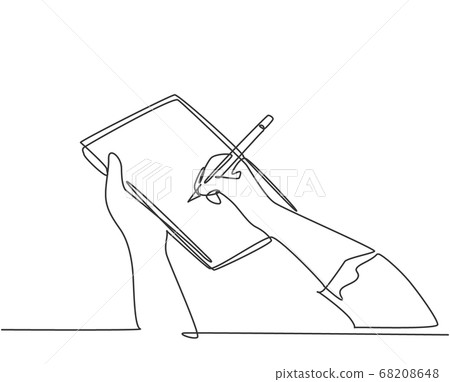 Single continuous line drawing of hand gesture fast writing on paper at clipboard Single continuous line drawing of hand gesture fast writing on paper at clipboard 68208648