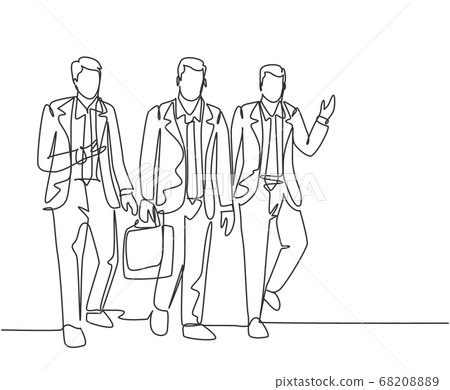 One continuous line drawing of young happy male sales managers walking together and discussing new selling strategy One continuous line drawing of young happy male sales managers walking together and discussing new selling strategy 68208889