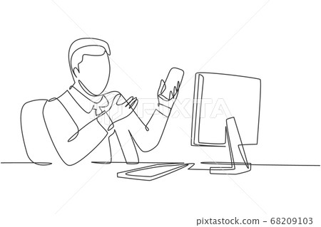 One continuous line drawing of young happy manager holding smartphone while introduce company culture and environment to his new staff One continuous line drawing of young happy manager holding smartphone while introduce company culture and environment to his new staff 68209103