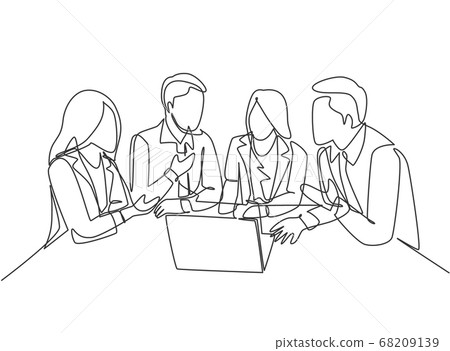 One continuous line drawing of young CEO presenting company business model to female team members at the office 68209139