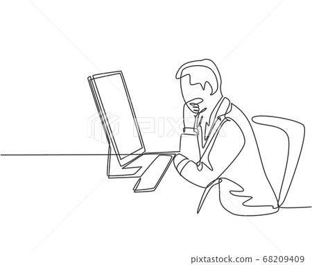 One continuous line drawing of young manager thinking seriously on his desk while holding glasses in front the laptop 68209409