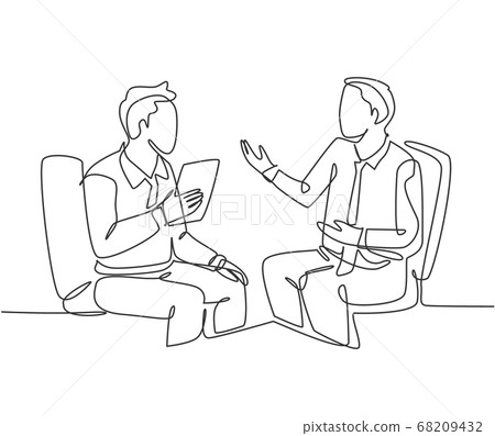 One continuous line drawing of young happy business men discussing about new project deal with colleague during meeting 68209432