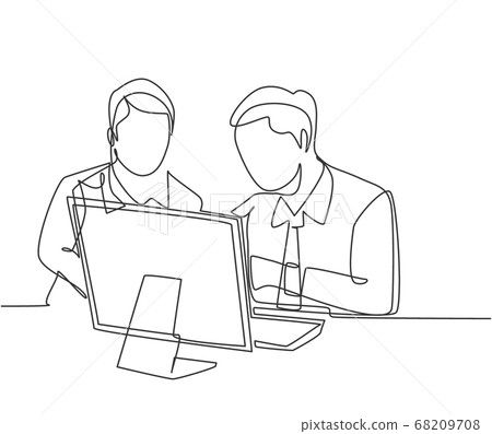 Single continuous line drawing of two young sales manager analyze sales growth chart on screen monitor with marketing staff 68209708