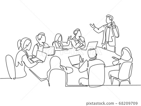 Single continuous line drawing of young happy trainer giving lifeskill lesson to the class members 68209709