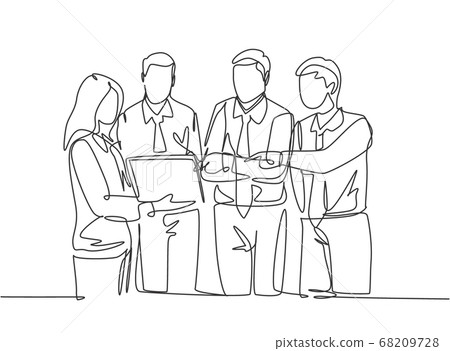 One continuous line drawing of young happy male and female workers standing and discussing project at meeting room One continuous line drawing of young happy male and female workers standing and discussing project at meeting room 68209728