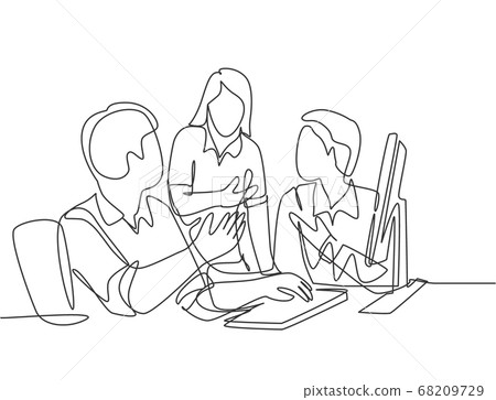 One continuous line drawing of young businessmen discussing new product launch during team meeting One continuous line drawing of young businessmen discussing new product launch during team meeting 68209729