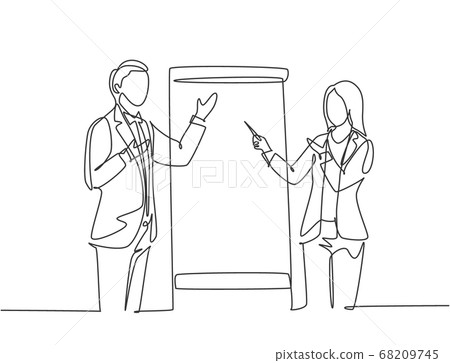 Single continuous line drawing of young happy male and female business coach speaking in front of the class 68209745