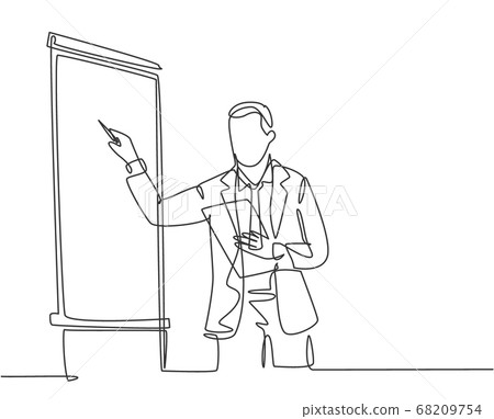 One continuous line drawing of businessman presenter drawing graph chart on screen board while on meeting 68209754