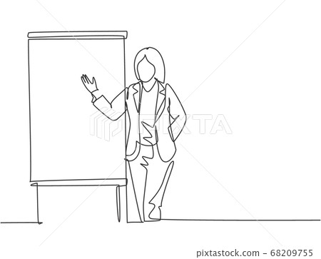 One single line drawing of young businesswoman presenting new golden rules of company to the workers 68209755