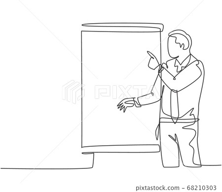 One continuous line drawing of young startup founder presenting new technology innovation in their apps to the investor One continuous line drawing of young startup founder presenting new technology innovation in their apps to the investor 68210303