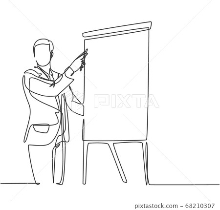 One single line drawing of young happy startup founder presenting business proposal to the investors 68210307