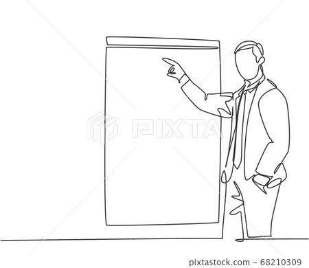 Single continuous line drawing of young business coach pointing finger to the screen board while coaching in front of class Single continuous line drawing of young business coach pointing finger to the screen board while coaching in front of class 68210309