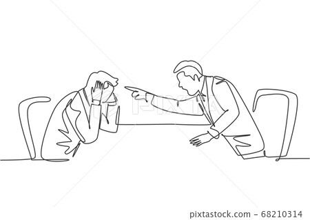 One single line drawing of young furious manager pointing finger to his frustrated staff and blaming the staff about bad work performance One single line drawing of young furious manager pointing finger to his frustrated staff and blaming the staff about bad work performance 68210314
