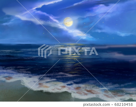 Moon shining in the night sky with the floating clouds and the moon and the sea 68210458