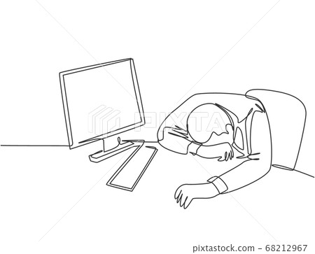 One single line drawing of young tired male employee sleeping on the work desk with computer One single line drawing of young tired male employee sleeping on the work desk with computer 68212967