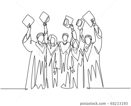 One single line drawing of group of male and female college student lift up their cap to the air to celebrate their school graduation 68213193
