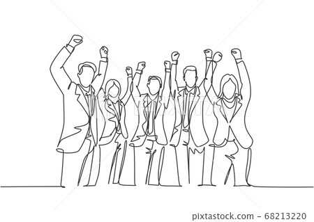 One single line drawing of group of young happy ceo and his colleagues celebrating their success achieving the company business target One single line drawing of group of young happy ceo and his colleagues celebrating their success achieving the company business target 68213220