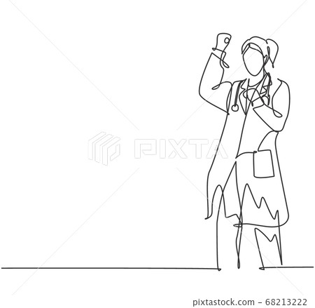 One single line drawing of young happy female doctor fist his hands to the air to celebrate his success treat the patient 68213222