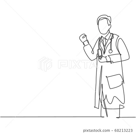 One single line drawing of young happy male doctor fist his hands to the air to celebrate his success treating the patient 68213223