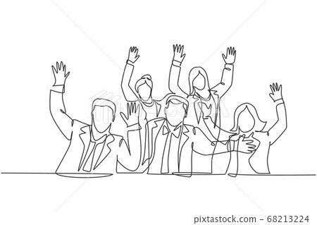 One single line drawing of young happy business man and business woman celebrate their success to deal new business agreement One single line drawing of young happy business man and business woman celebrate their success to deal new business agreement 68213224