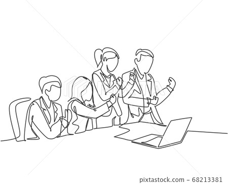 One single line drawing of young happy business man and business woman celebrate their success to deal a new business contract 68213381