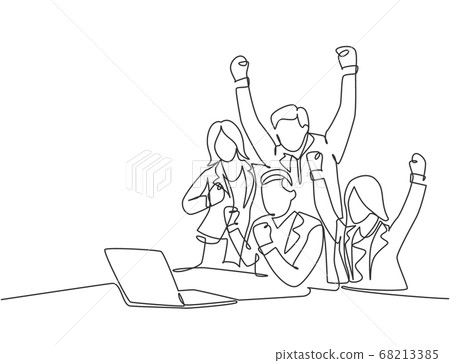 One continuous line drawing of young happy male start up CEO and his subordinates celebrating their success achieve the business target 68213385