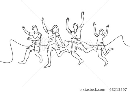 One line drawing of group of young happy male and female jumping together to celebrate their vacation One line drawing of group of young happy male and female jumping together to celebrate their vacation 68213397