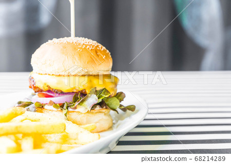 beef burger with french fries beef burger with french fries 68214289