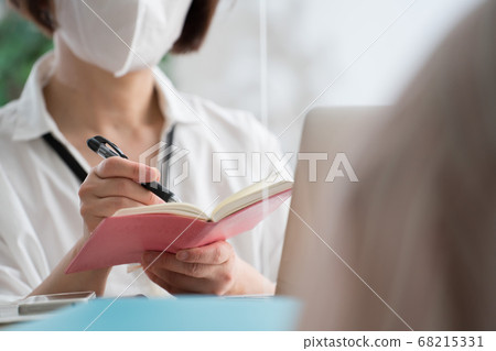 Through Acrylic Partition, Masked Women, Infection Control, Social Distance 68215331