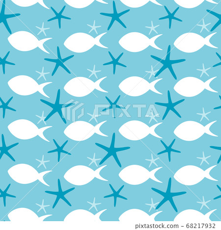 魚和海星白魚藍色背景的無縫模式 魚和海星白魚藍色背景的無縫模式 68217932
