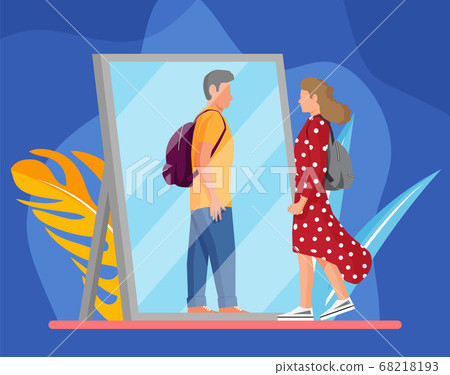 Woman transgender looking in mirror and seeing man 68218193