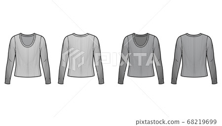 Ribbed scoop neck knit sweater technical fashion illustration with long sleeves, oversized body  68219699