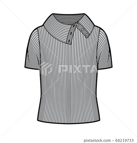 Wide button-up turtleneck ribbed-knit sweater technical fashion illustration with short rib sleeves, oversized body.  68219733
