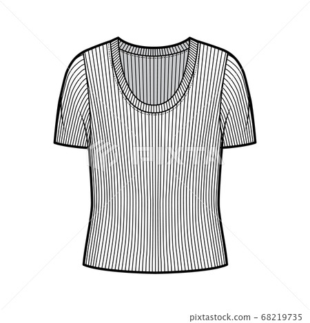 Ribbed scoop neck knit sweater technical fashion illustration with short rib sleeves, oversized body.  68219735