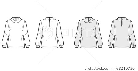 Round collar blouse technical fashion illustration with loose silhouette, long sleeve, back button-fastening keyhole. 68219736