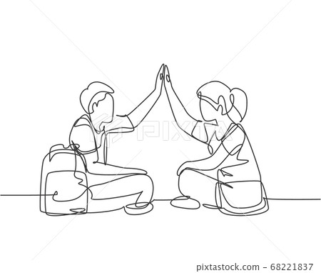 One line drawing of young happy couple male and female sitting on the floor and giving high five gesture One line drawing of young happy couple male and female sitting on the floor and giving high five gesture 68221837