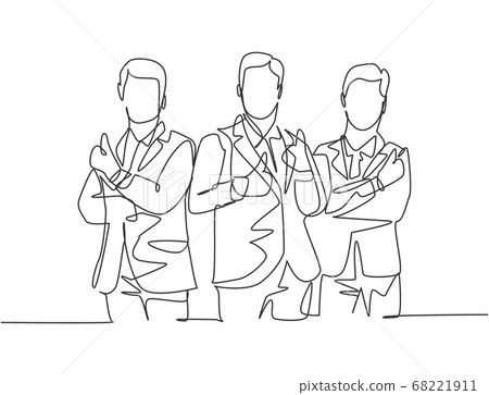 Single line drawing group of young happy businessmen standing together and giving thumbs up gesture 68221911