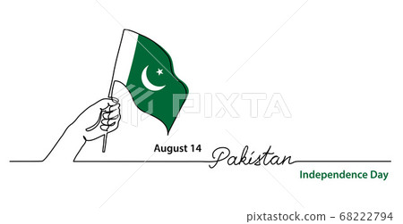 Pakistan independence day simple web banner, background with flag and hand. One continuous line drawing with lettering Pakistan 68222794